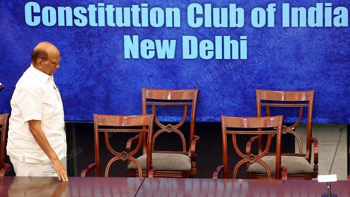 NCP Leader Sharad Pawar at a press conference following an opposition meeting at the Constitution Club of India, New Delhi, Wednesday | Photo: Praveen Jain | ThePrint