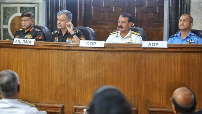(L-R) Lt Gen. C.B. Ponnappa, Lt Gen. Anil Puri, Vice Admiral Dinesh Tripathi and Air Marshal S.K. Jha at the tri-service press conference Sunday | Praveen Jain | ThePrint