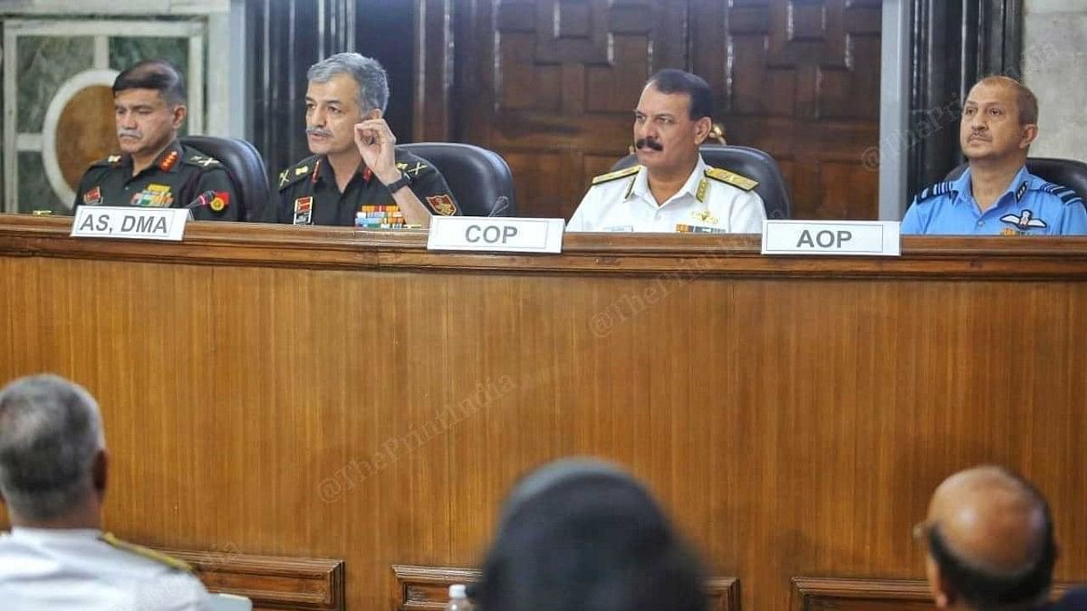 Tri-service Press Conference (L-R) Lt Gen. C.B. Ponnappa, Lt Gen. Anil Puri, Vice Admiral Dinesh Tripathi and Air Marshal S.K. Jha at the tri-service press conference Sunday | Praveen Jain | ThePrint