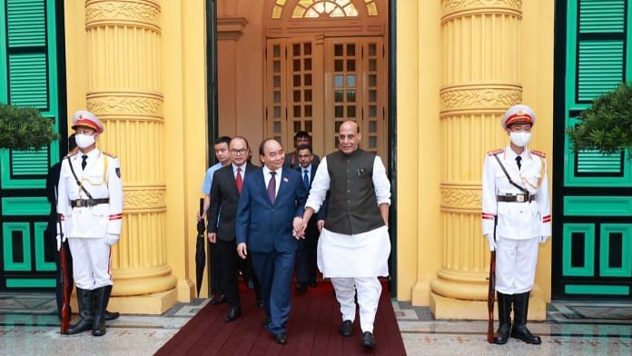 Defence Minister Rajnath Singh with Viatnamese President Nguyen Xuan Phuc in Hanoi on 8 June 2022 | Picture Courtesy: Special Arrangement