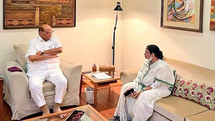 NCP chief Sharad Pawar with West Bengal CM and TMC chief Mamata Banerjee in New Delhi Tuesday | Twitter @PawarSpeaks