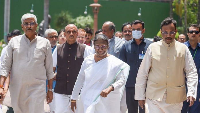 NDA's Presidential candidate Droupadi Murmu arrives at Parliament House ahead of filing her nomination papers in New Delhi, on 24 June 2022 | PTI
