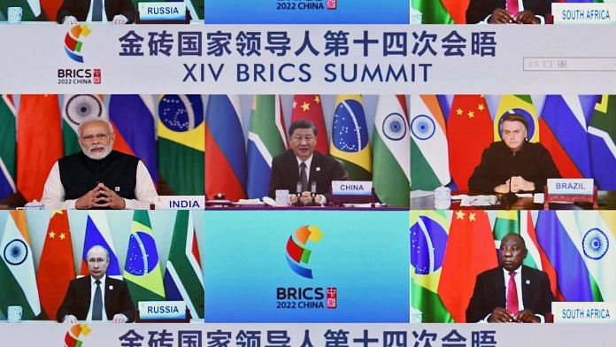 Leaders of India, China, Brazil, Russia and South Africa at the virtual 14th BRICS Summit, 23 June 2022 | Credit: ANI Photo/ PIB