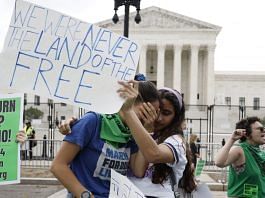 Abortion rights demonstrators hold signs outside the US Supreme Court in Washington, DC, on 24 June 2022 | Bloomberg