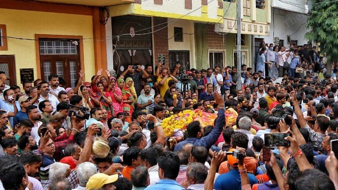 A large number of people attend the funeral procession of tailor Kanhaiyalal Teli in Udaipur, on 29 June 2022 | Manisha Mondal | ThePrint