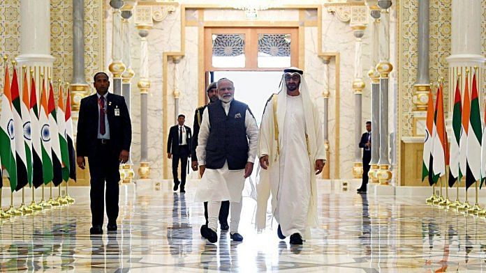 Prime Minister Narendra Modi with the Crown Prince of Abu Dhabi Sheikh Mohammed Bin Zayed Al Nahyan, in UAE in August 2019 | Credits: ANI Photo