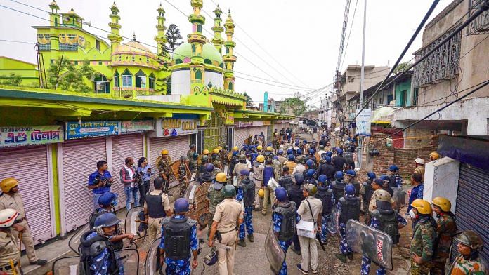 Security personnel deployed after violence erupted during a protest over controversial remarks made by two now-suspended BJP leaders about Prophet Muhammad in Howrah district, on 11 June 2022 | PTI