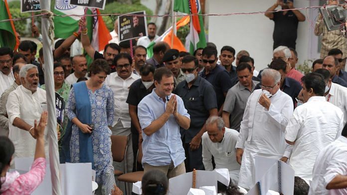 Rahul Gandhi meets party leaders & workers at the AICC headquarters before leaving for the ED office in New Delhi, on 14 June 2022 | Photo: Suraj Singh Bisht | ThePrint