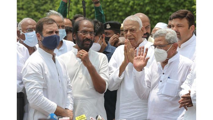 Yashwant Sinha with other opposition leaders outside Parliament after filing his nomination for the Presidential election, in New Delhi on 27 June 2022 | Photo: Suraj Singh Bisht | ThePrint