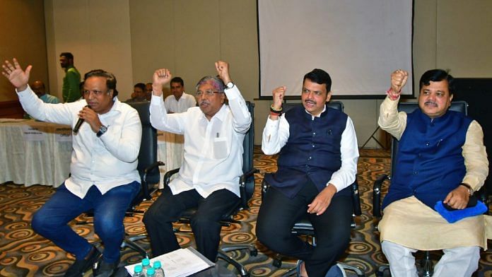 From left: BJP MLA Ashish Shelar, the party's Maharashtra president Chandrakant Patil, Leader of Opposition in state assembly Devendra Fadnavis and Leader of Opposition in legislative council Pravin Darekar at a party meeting in Mumbai Sunday | ANI