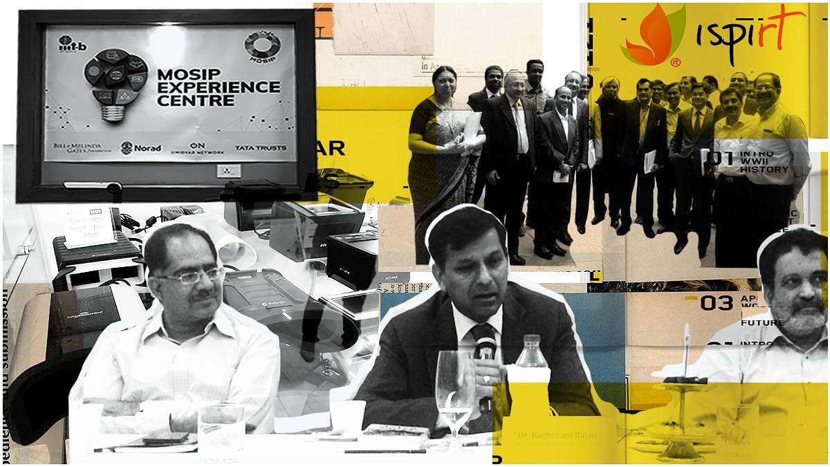 (From left) iSPIRT Co-founder Sharad Sharma, then RBI Governor Dr Raghuram Rajan and Mohandas Pai of the Akshaya Patra Foundation at an iSPIRT event in 2015 | Pictures from iSPIRT