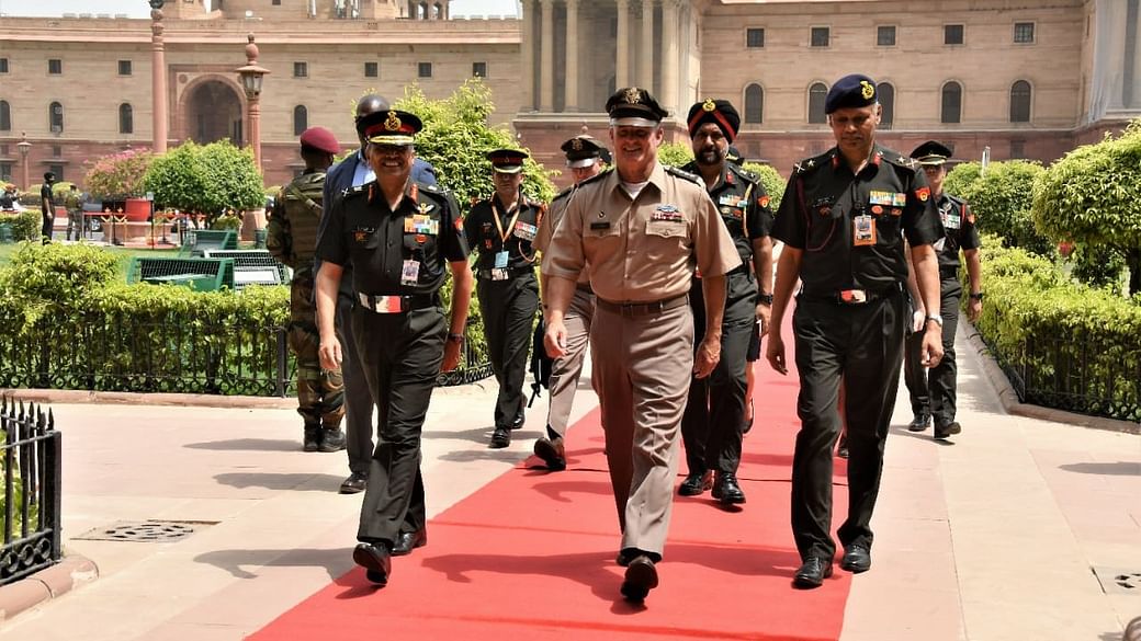 Lieutenant General BS Raju welcomes US Army Pacific Commanding General Charles A. Flynn at South Block in New Delhi on 7 June 2022 | ANI Photo