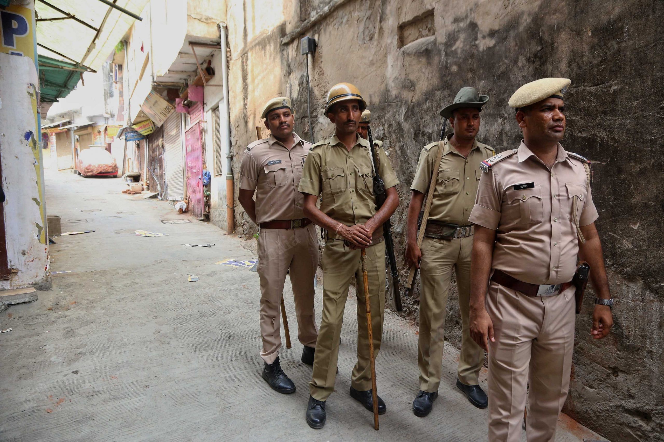 Police personnel on patrol in the area where Kanhaiya Lal was murdered Tuesday | Manisha Mondal | ThePrint
