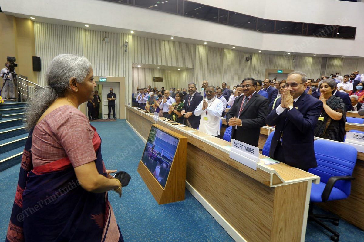 Finance minister Nirmala Sitharaman with bureaucrats at Monday's event | Photo: Praveen Jain | ThePrint