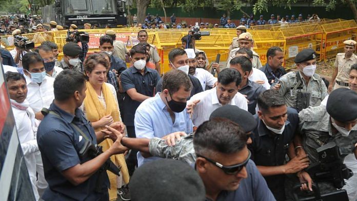 Rahul Gandhi, Priyanka Gandhi and other Congress leaders march and stage a 'satyagraha' from the AICC office to the ED office in New Delhi on 13 June | Suraj Singh Bisht | ThePrint
