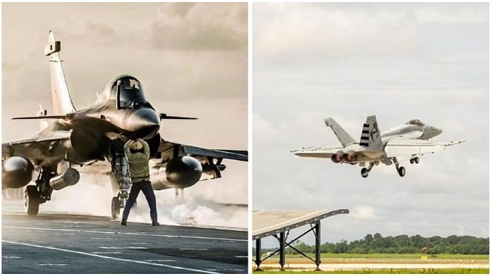 ThePrint team | Rafale M jet (left) and Boeing's F/A-18 Super Hornet (right)