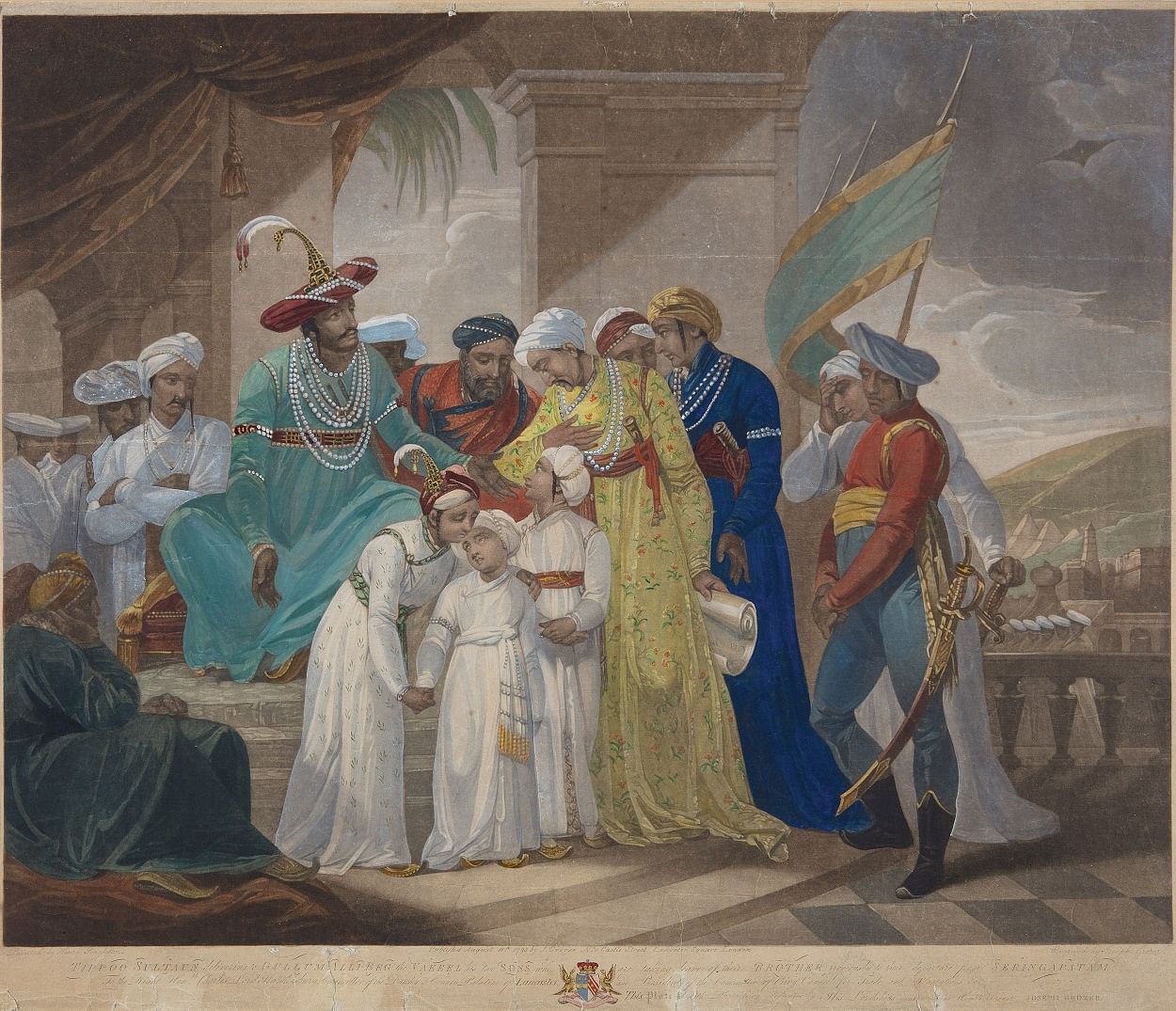 Henry Singleton (1766-1839), engraved by Joseph Grozer (1755-99), Tippoo Sultaun delivering to Gullum Alli Beg the Vakeel his sons who are taking leave of their brother previous to their departure from Seringapatam, 1793, Mezzotint, tinted with watercolour on paper | Shivani Benjamin, DAG, The Claridges/New Delhi