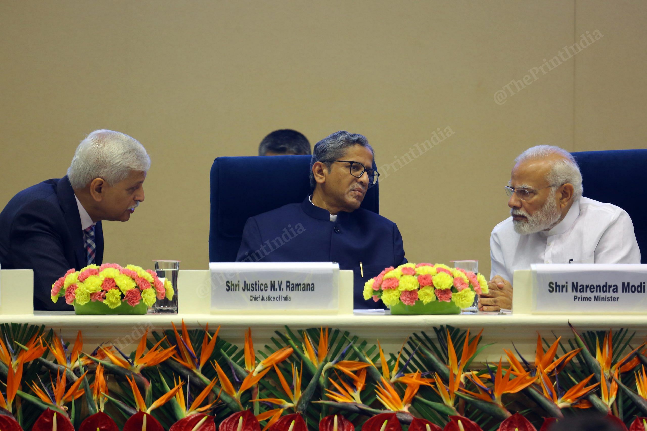 Prime Minister Narendra Modi, Chief Justice of India N.V. Ramana, and upcoming CJI Uday Umesh Lalit during an event at Vigyan Bhawan | Praveen Jain | ThePrint