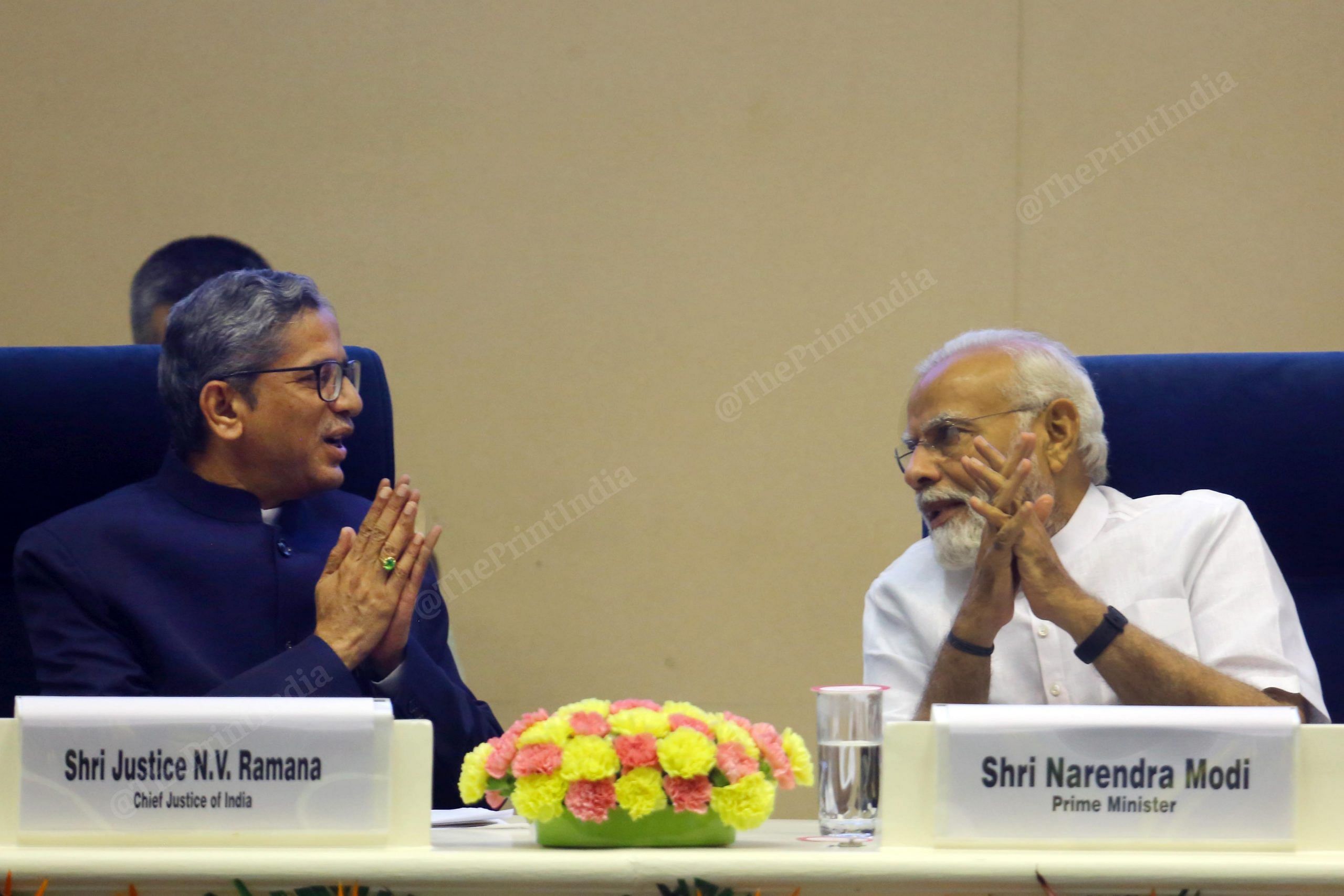Prime Minister Narendra Modi with Chief Justice of India N.V. Ramana during the inaugural session of First All India District Legal Services Authorities Meet, at Vigyan Bhawan in New Delhi | Praveen Jain | ThePrint