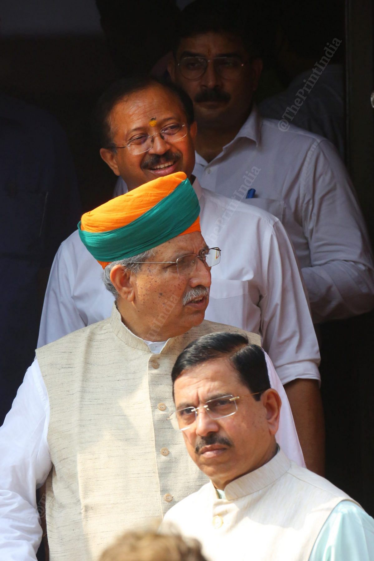 From top to bottom: union ministers V. Muraleedharan, Arjun Ram Meghwal, Pralhad Joshi outside the parliament | Photo: Praveen Jain | ThePrint