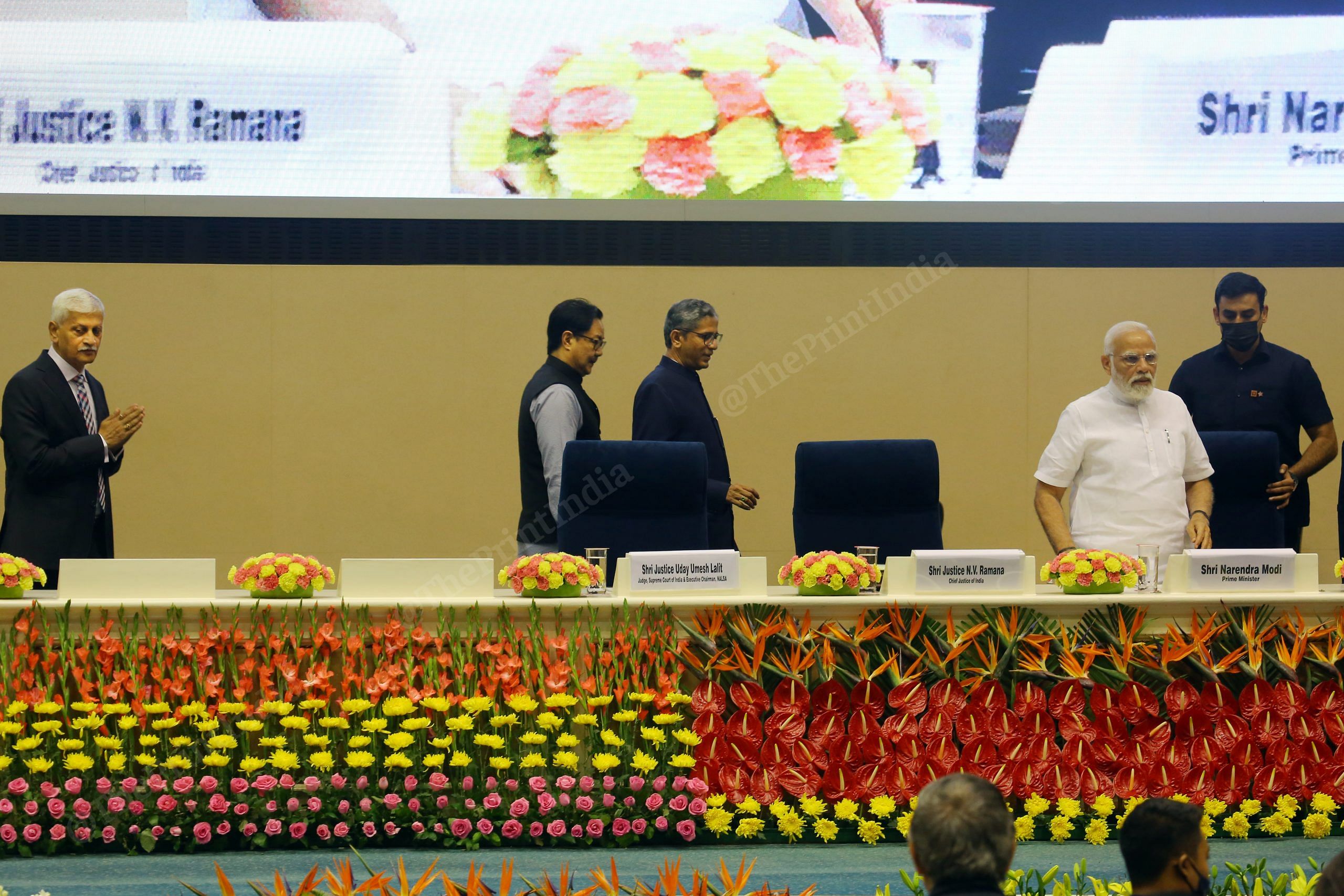 Prime Minister Narendra Modi, Chief Justice of India N.V. Ramana, Law & Justice Minister Kiren Rijiju, and upcoming CJI Uday Umesh Lalit entering during an event at Vigyan Bhawan | Praveen Jain | ThePrint