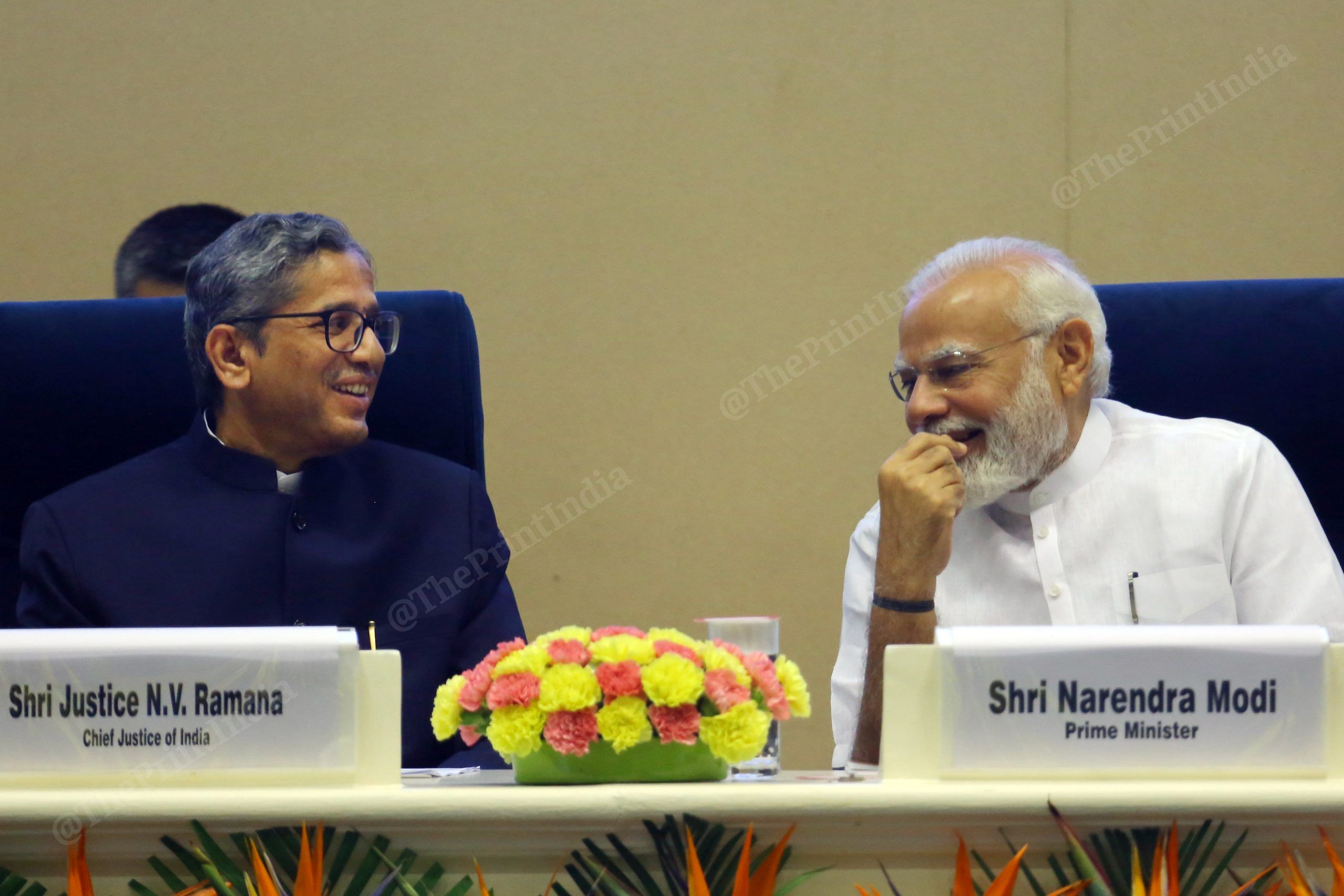 Prime Minister Narendra Modi with Chief Justice of India N.V. Ramana during the inaugural session of First All India District Legal Services Authorities Meet, at Vigyan Bhawan in New Delhi | Praveen Jain | ThePrint