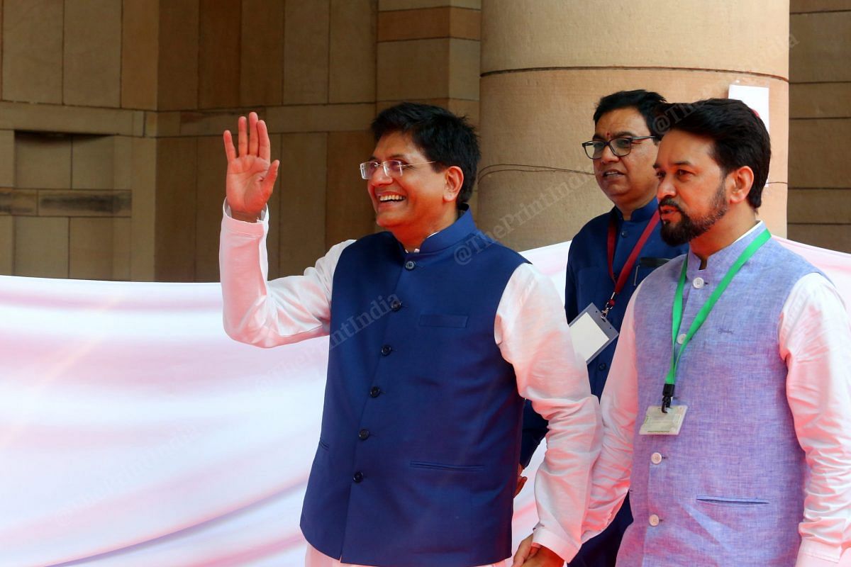 Ministers Piyush Goyal and Anurag Thakur reach Praliament House to cast vote | Photo: Praveen Jain | ThePrint