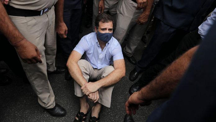 Police detain Rahul Gandhi during a protest march from Parliament to Rashtrapati Bhawan against ED's interrogation of the party's interim President Sonia Gandhi in the National Herald case in New Delhi, on 26 July 2022 | PTI