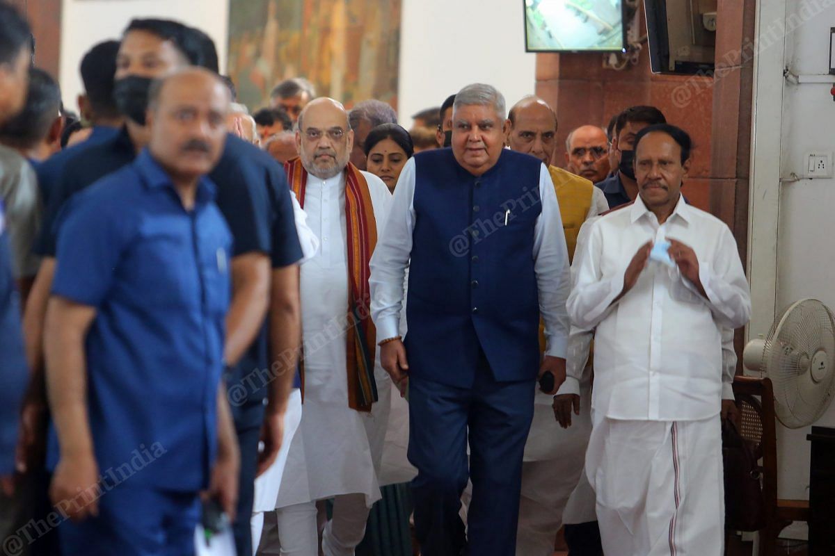 Outgoing governor Jagdeep Dhankhar with Home Minister Amit Shah for filling nomination papers | Photo: Praveen Jain | ThePrint