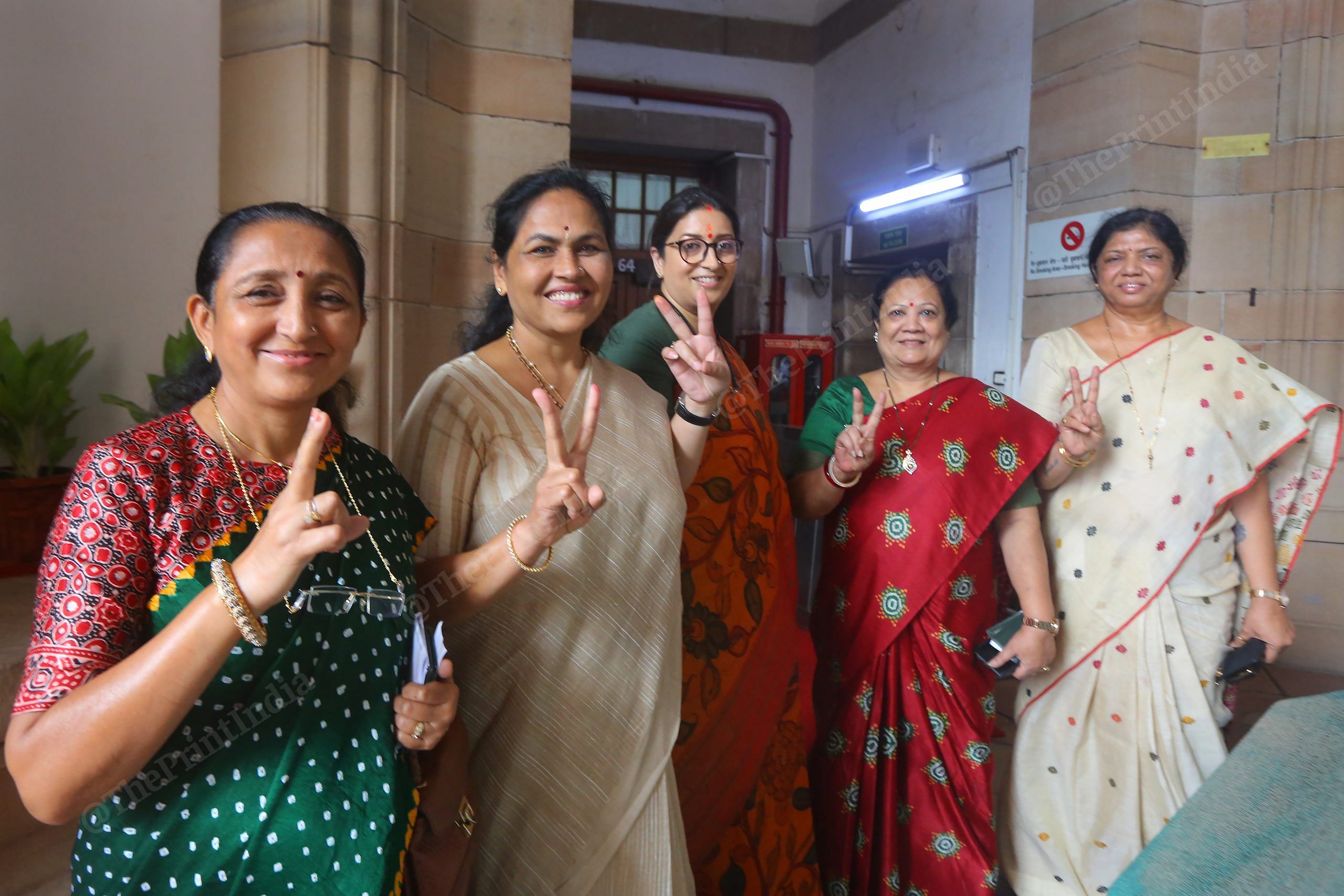 BJP leaders including Smriti Irani shows victory sign after casting vote | Photo: Praveen Jain | ThePrint