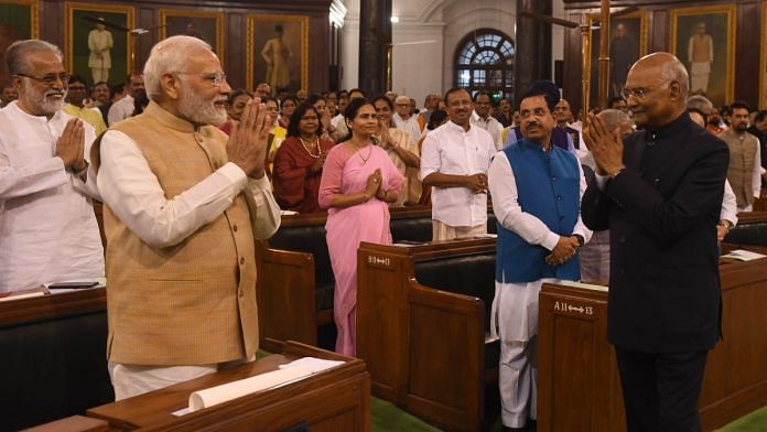File photo of PM Narendra Modi and President Ram Nath Kovind greeting each other on Saturday | Twitter | @rashtrapatibhvn