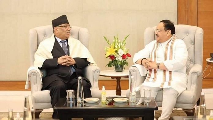 Former Nepal PM Prachanda with BJP chief J. P. Nadda in Delhi | Twitter | @cmprachanda