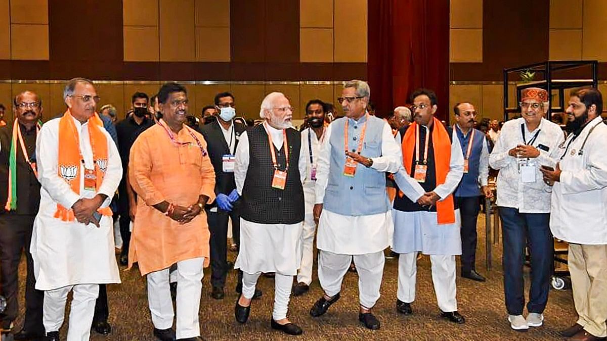 Prime Minister Narendra Modi with BJP leaders during the BJP national executive meeting in Hyderabad on Sunday | PTI