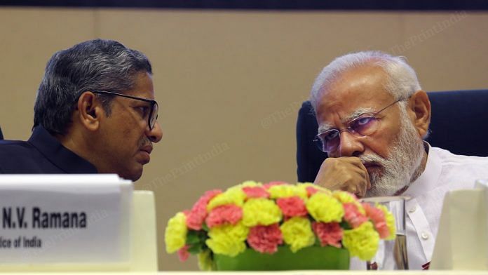 Prime Minister Narendra Modi and CJI N. V. Ramana at the inaugural session of the First All India District Legal Services Authorities Meet at Vigyan Bhawan in New Delhi| Praveen Jain | ThePrint