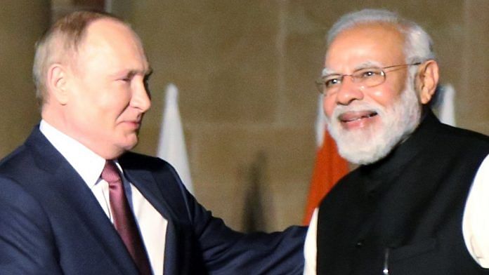 File photo of Prime Minister Narendra Modi and Russian President Vladimir Putin in New Delhi | ANI
