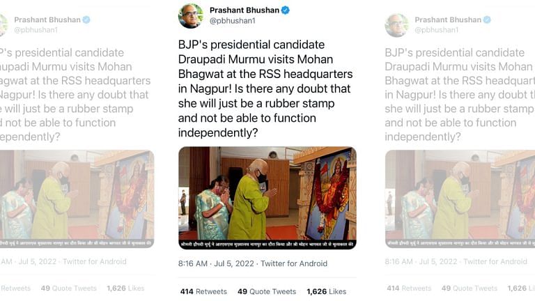 Photo of Murmu & RSS chief Bhagwat tweeted by Prashant Bhushan is two images morphed into one