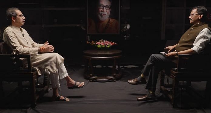 Shiv Sena chief Uddhav Thackeray during his interview with Sanjay Raut | Twitter | @SaamanaOnline