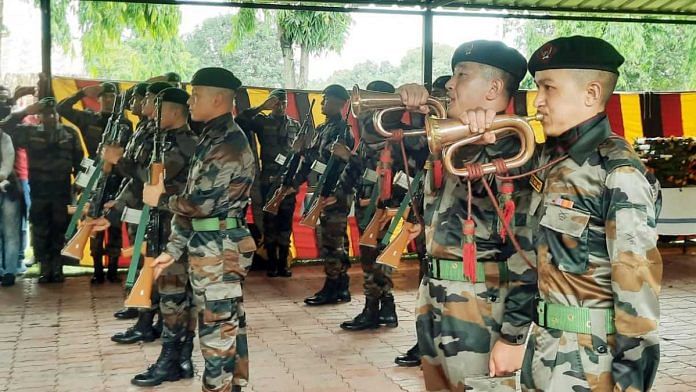 Army personnel give military honours to the soldiers of Territorial Army's infantry 107 battalion who lost their lives in the Manipur Landslide, 2 July 2022, Siliguri | Credits: ANI Photo/ ANI Pic Service