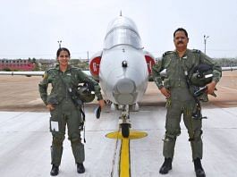 Air Commodore Sanjay Sharma pose with daughter Flying Officer Ananya Sharma in front of the fighter aircraft | Twitter/@DefencePRO_Guj