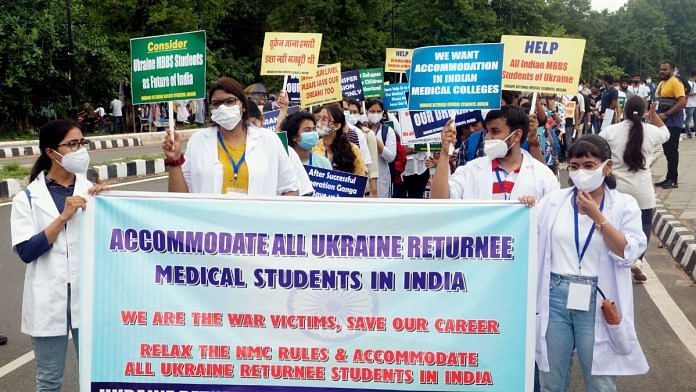 Medical students from Ukraine stage a protest rally in support of their accommodation in the state, in Bhubaneswar, on 13 July 2022 | ANI photo