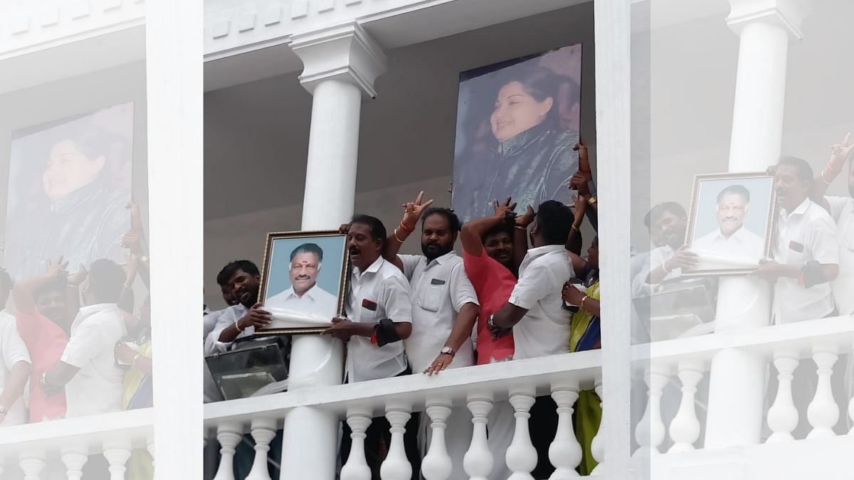 Supporters of O. Panneerselvam at the AIADMK headquarters | Credit: Sowmiya Ashok, ThePrint