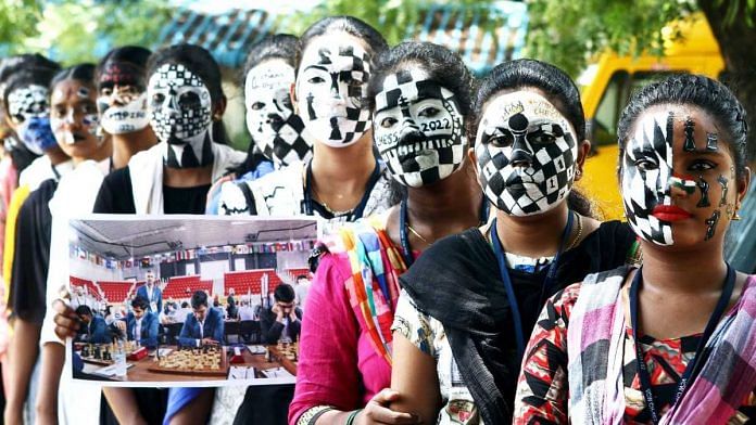 Students in Chennai paint their faces in a chess board pattern ahead of the 44th Chess Olympiad being hosted by the city, 25 July, 2022 | Credit: ANI Photo