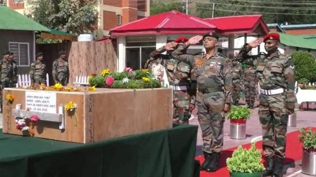 A wreath laying ceremony held at the headquarters, 10 Sector Rashtriya Rifles, Sunday, in honour of army dog Axel | Credit: Indian Army