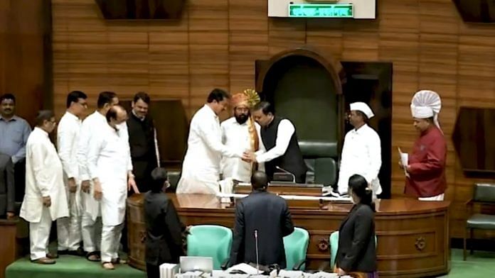 BJP MLA Rahul Narvekar being congratulated after his win in the election for the post of Maharashtra Assembly Speaker, in the presence of Chief Minister Eknath Shinde and Deputy CM Devendra Fadnavis, Sunday | Screengrab/Twitter/@Dev_Fadnavis