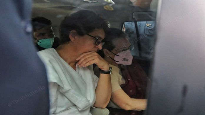 Congress interim president Sonia Gandhi and her daughter and party leader Priyanka Gandhi Vadra leave for the Enforcement Directorate office, in Delhi Thursday | Suraj Singh Bisht | ThePrint