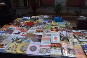 A stall at a literary festival in Delhi sells books by and about B.R. Ambedkar and other Dalit icons. Details like these are critical for festivals to further their reach and influence. | Photo Credit: Dalit Literature Festival 2020