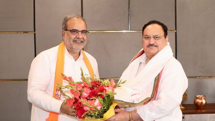 UP BJP chief Bhupendra Chaudhary with his national counterpart J.P. Nadda during a courtesy visit in New Delhi | Twitter | @Bhupendraupbjp