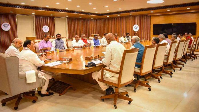 Union home minister Amit Shah and BJP national president J.P. Nadda with Bihar BJP leaders at a core committee meeting in New Delhi | PTI