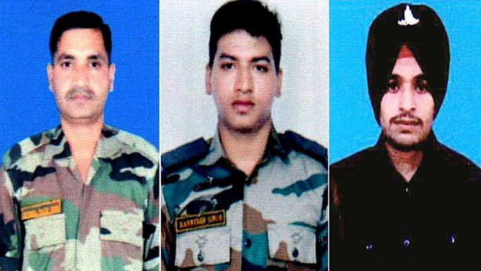 (L-R) Kirti Chakra recipient Naik Devendra Pratap Singh, Shaurya Chakra recipients Sepoy Karn Veer Singh (posthumous) and Gunner Jasbir Singh (posthumous) | ANI