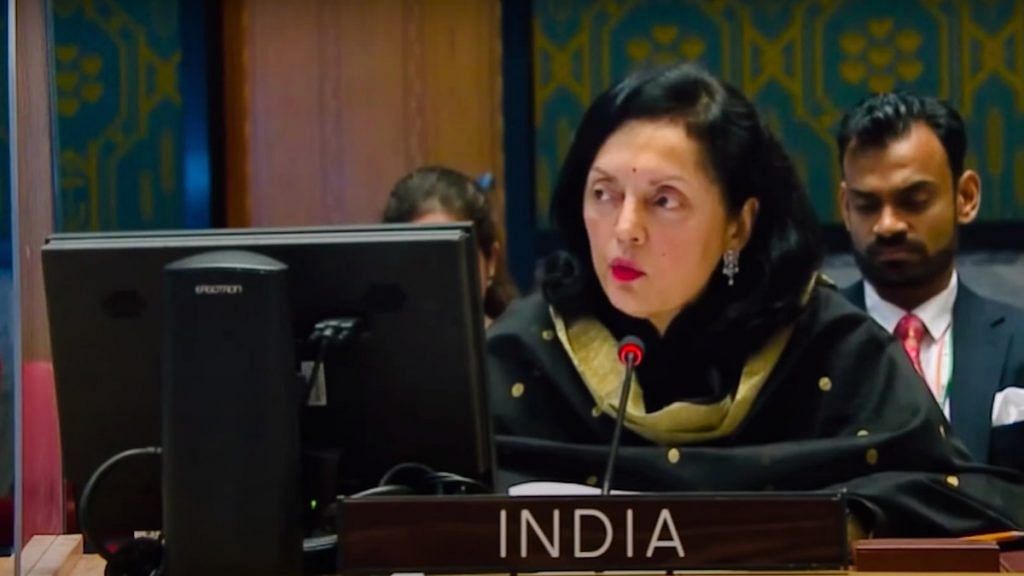 Ruchira Kamboj, India's Ambassador to the UN, during a briefing on “threats to international peace and security caused by terrorist acts" | YouTube @India at United Nations